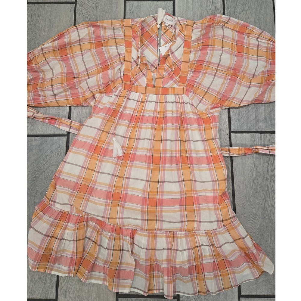 Dear John Catherine Picnic Plaid Mini Dress Orange Pink Tiered Puff Sleeve S